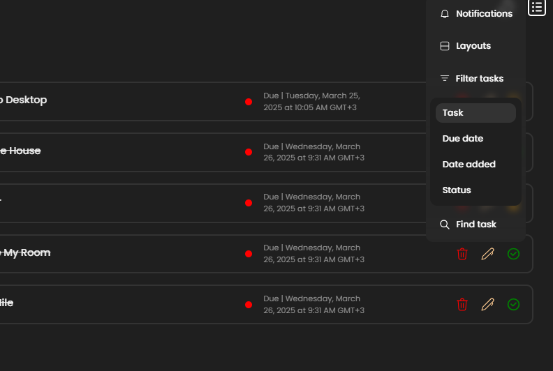 Filter tasks menu